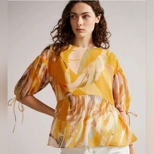 Ted Baker Darcila Floral Peplum Blouse Size 4 US 10 Romantic Puff Sleeve Sheer
